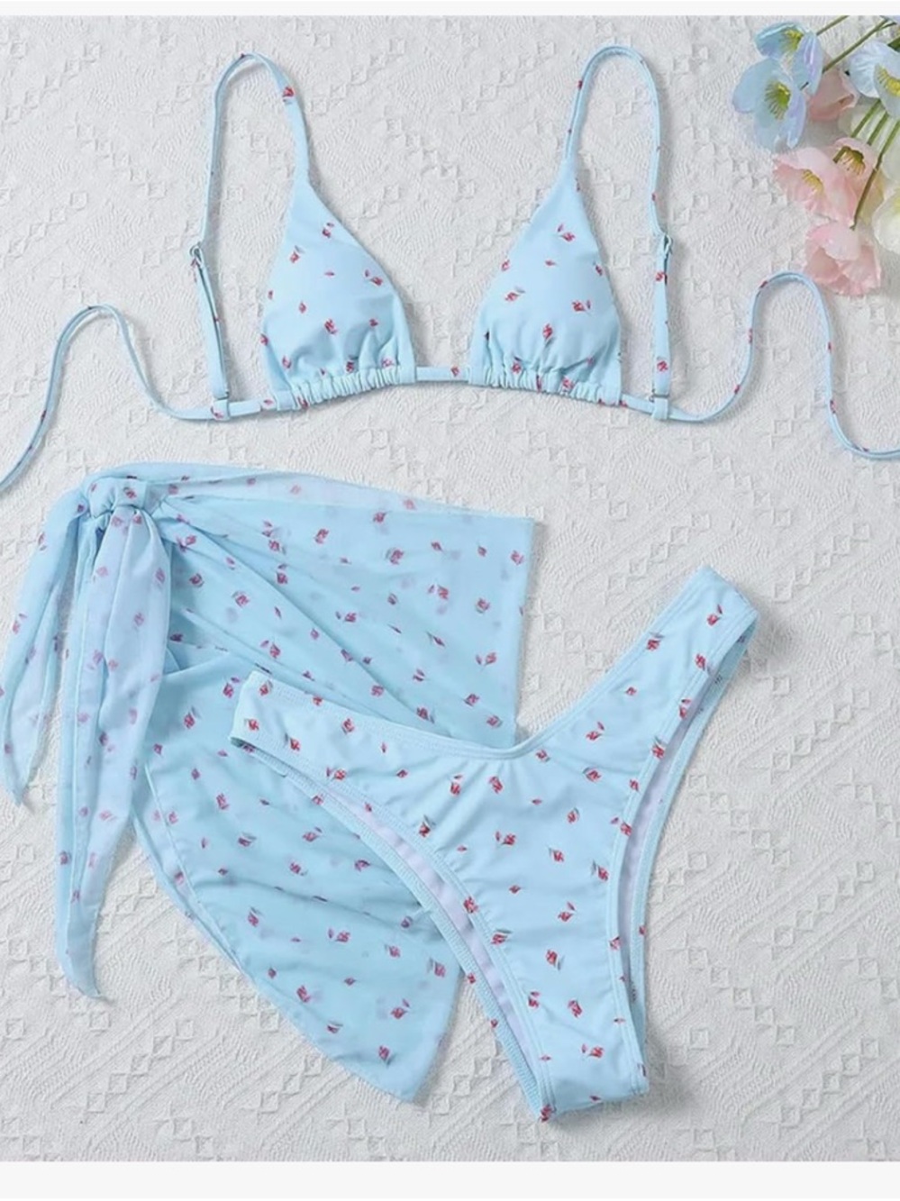 Light Blue Floral Triangle Bikini Set with Sarong